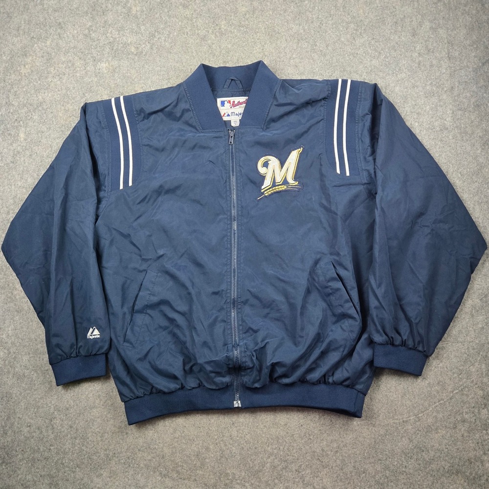 Majestic Milwaukee Brewers Jacket Mens XXL Navy Blue MLB Authentic Bomber